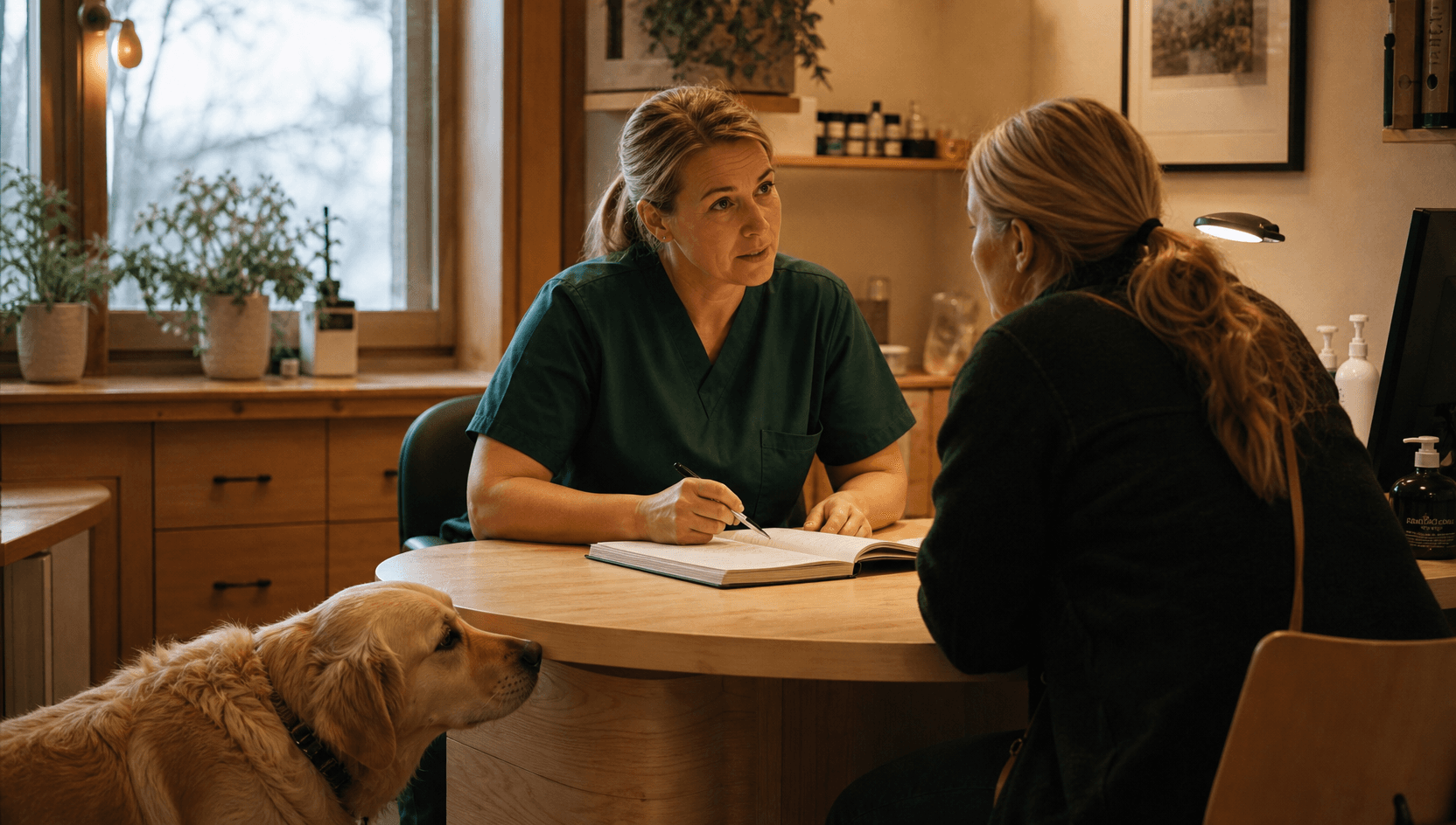 Veterinär går igenom receptförskrivning för djur med djurägare och hund i svensk klinik.