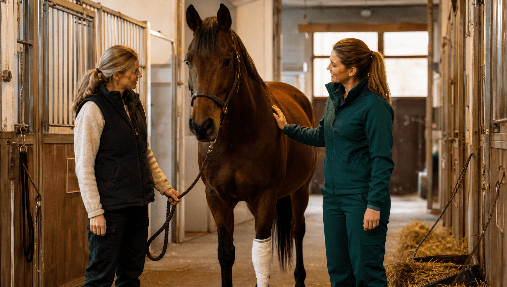 Hästveterinär bedömer häst i stallgång innan läkemedel skrivs ut.