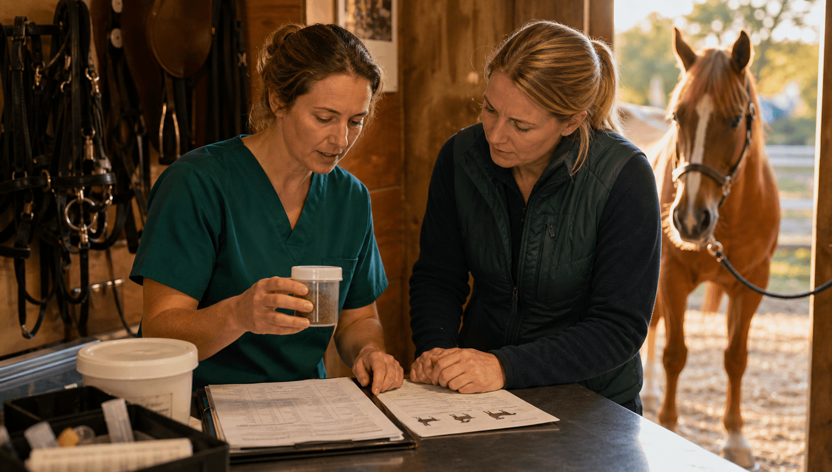 Hästveterinär och hästägare går igenom träckprov inför avmaskningsmedel.