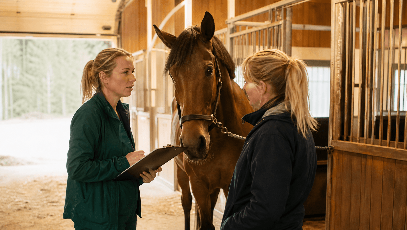 Hästveterinär pratar recept med hästägare i svensk stallgång.