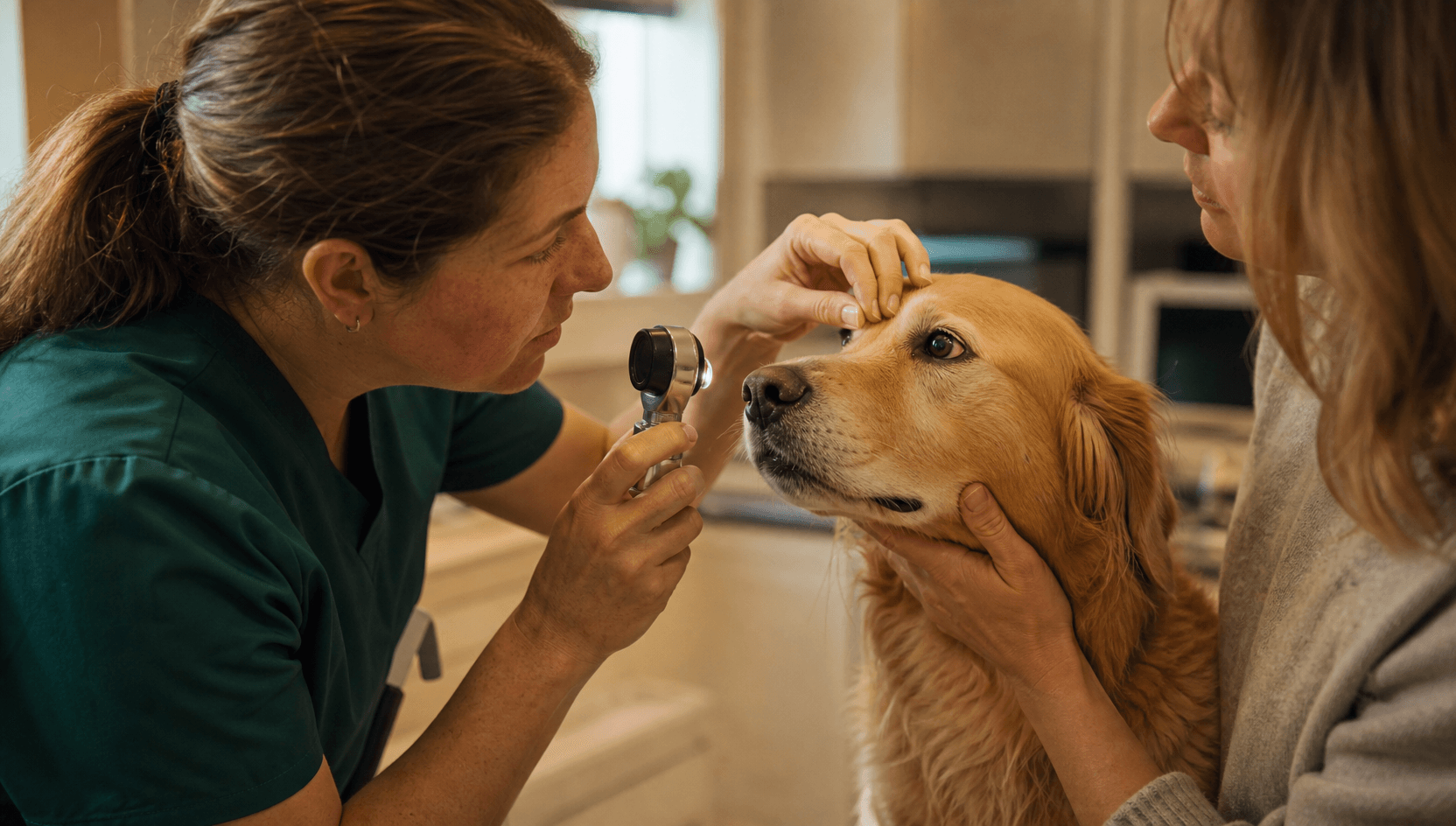 Veterinär undersöker hundens öga innan ögondroppar eller smärtstillande skrivs ut.