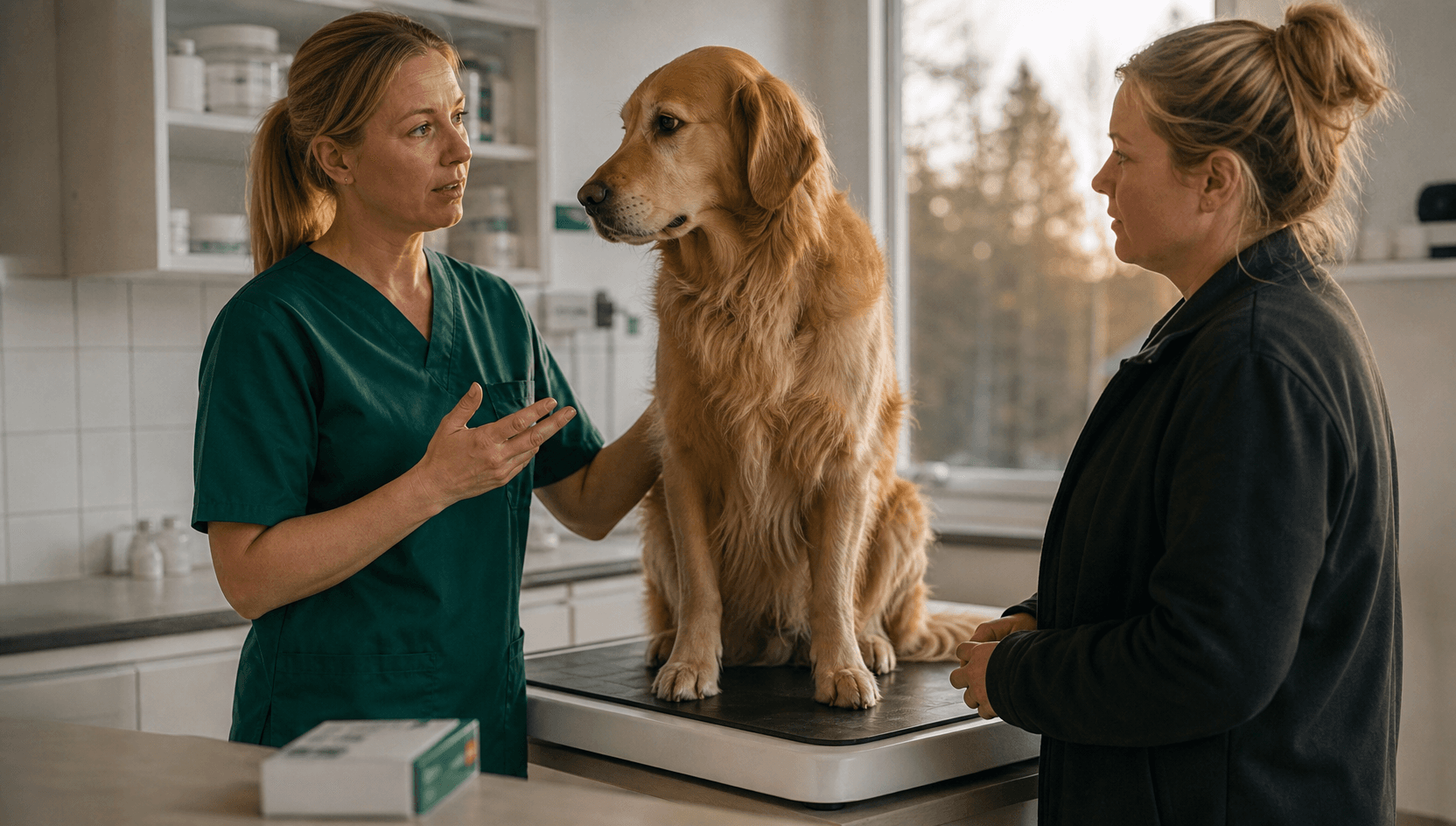 Veterinär väger hund inför fästingrecept och säkert läkemedelsval.