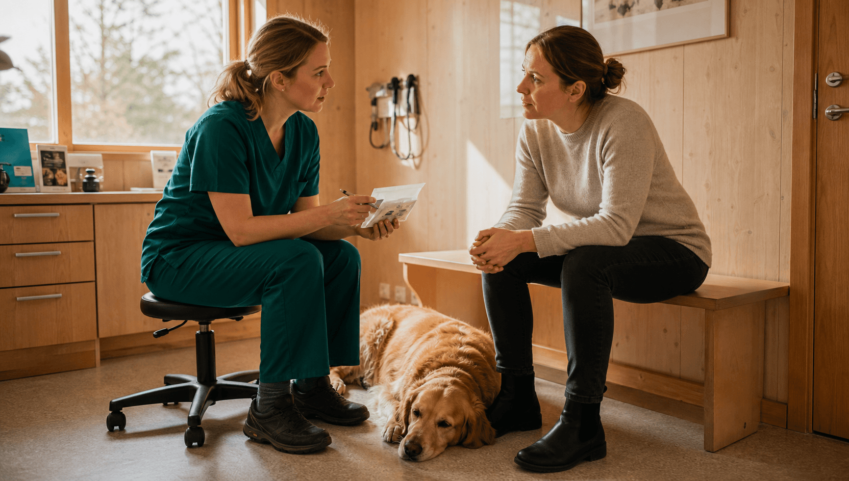 Veterinär pratar receptförnyelse med hundägare och golden retriever i klinik.