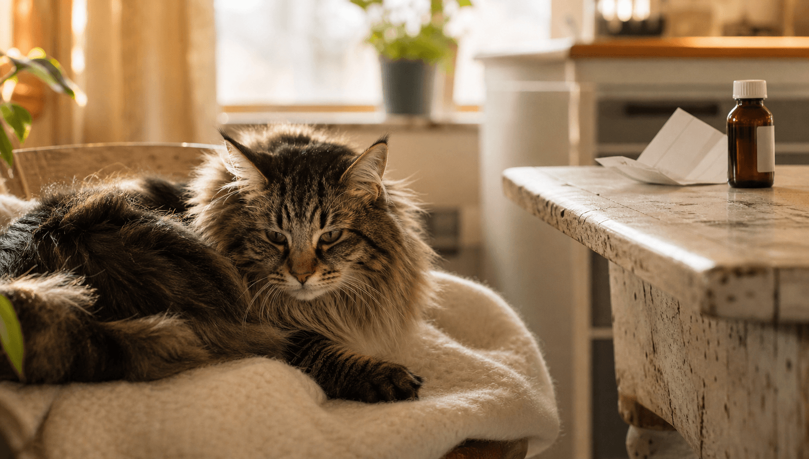 Katt vilar hemma nära receptbelagd medicin efter veterinärkontakt.