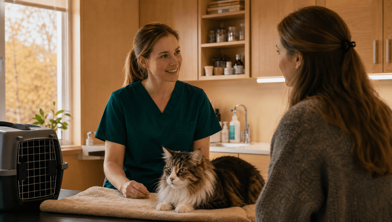 Veterinär samtalar med kattägare om recept och rätt dos för katt.