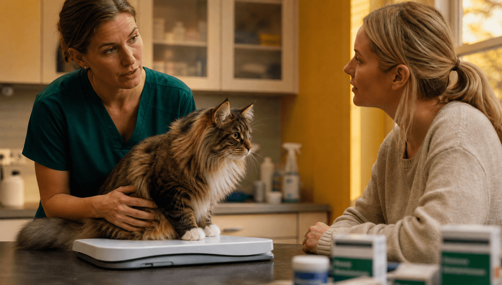 Veterinär väger katt inför fästingmedel och receptförskrivning.
