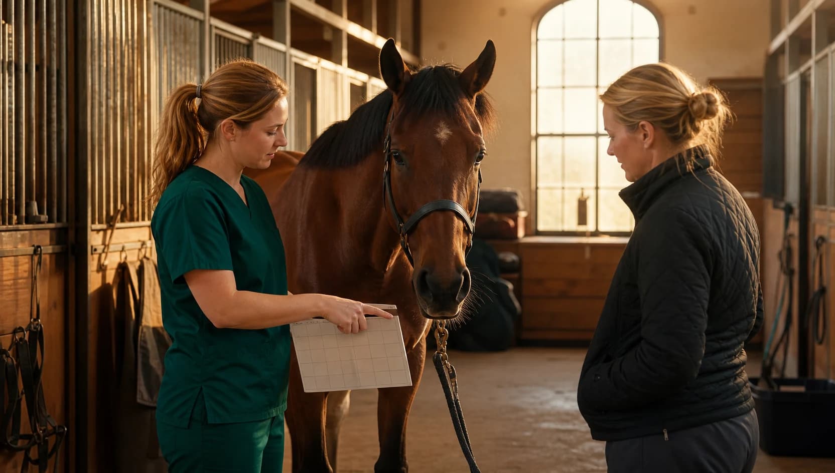 Veterinär i mörkgröna skrubbar förklarar rehabiliteringsplan och pris för häst.
