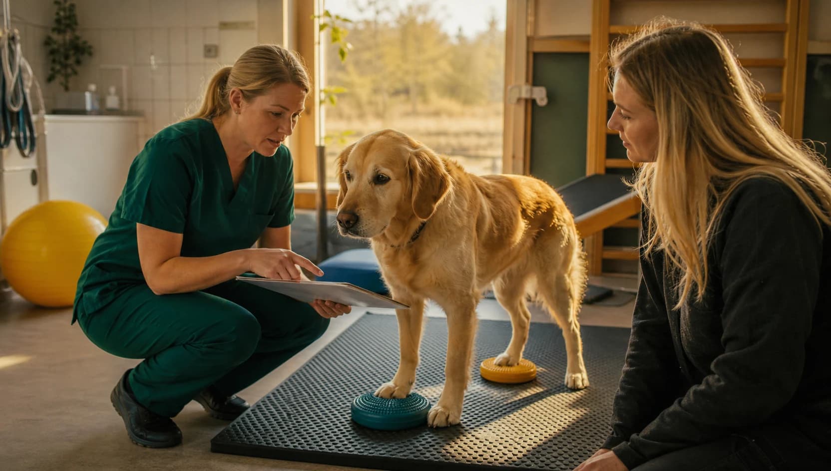 Hund får lugn rehabiliteringsbedömning medan veterinär förklarar pris och träningsplan.