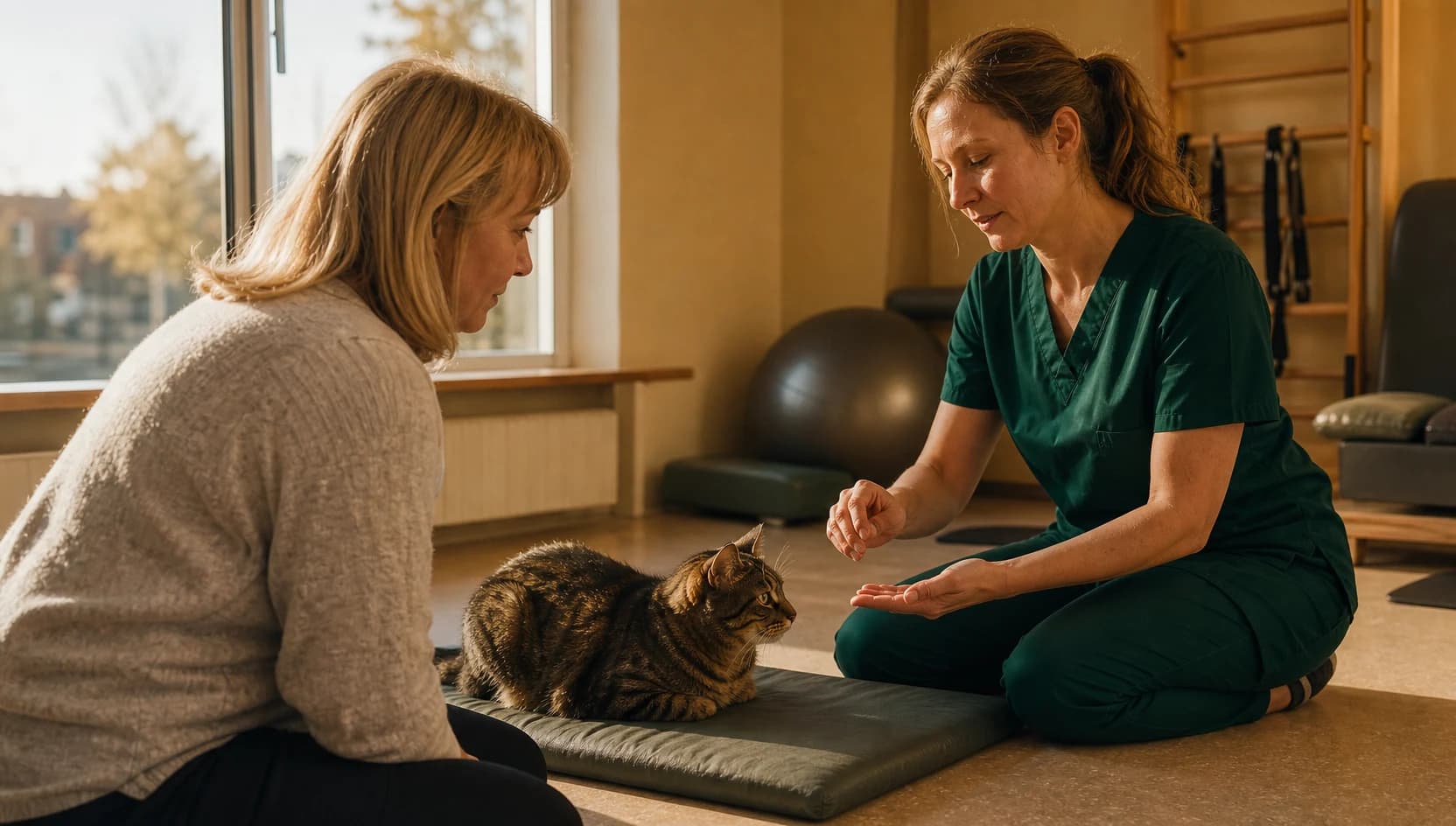 Veterinär i mörkgröna skrubbar förklarar lugn rehabilitering och pris för katt.