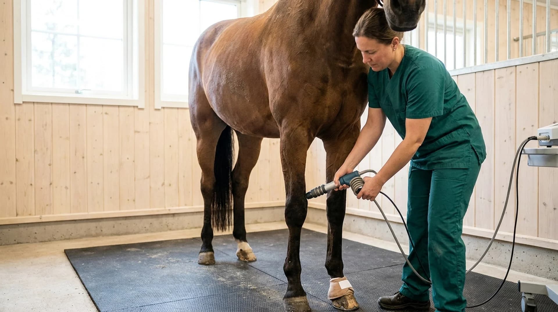 Veterinär applicerar chockvåg på hästs senskada i svenskt stall