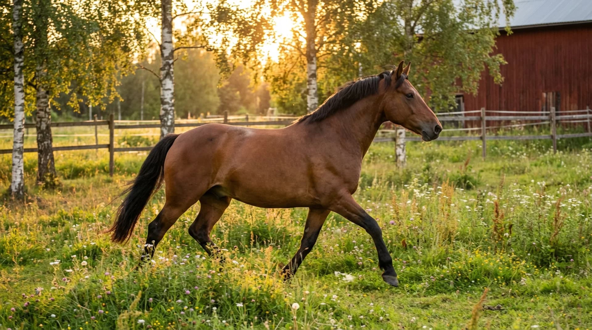 Frisk brun häst travar fritt i svensk hage med rött stall och björkar