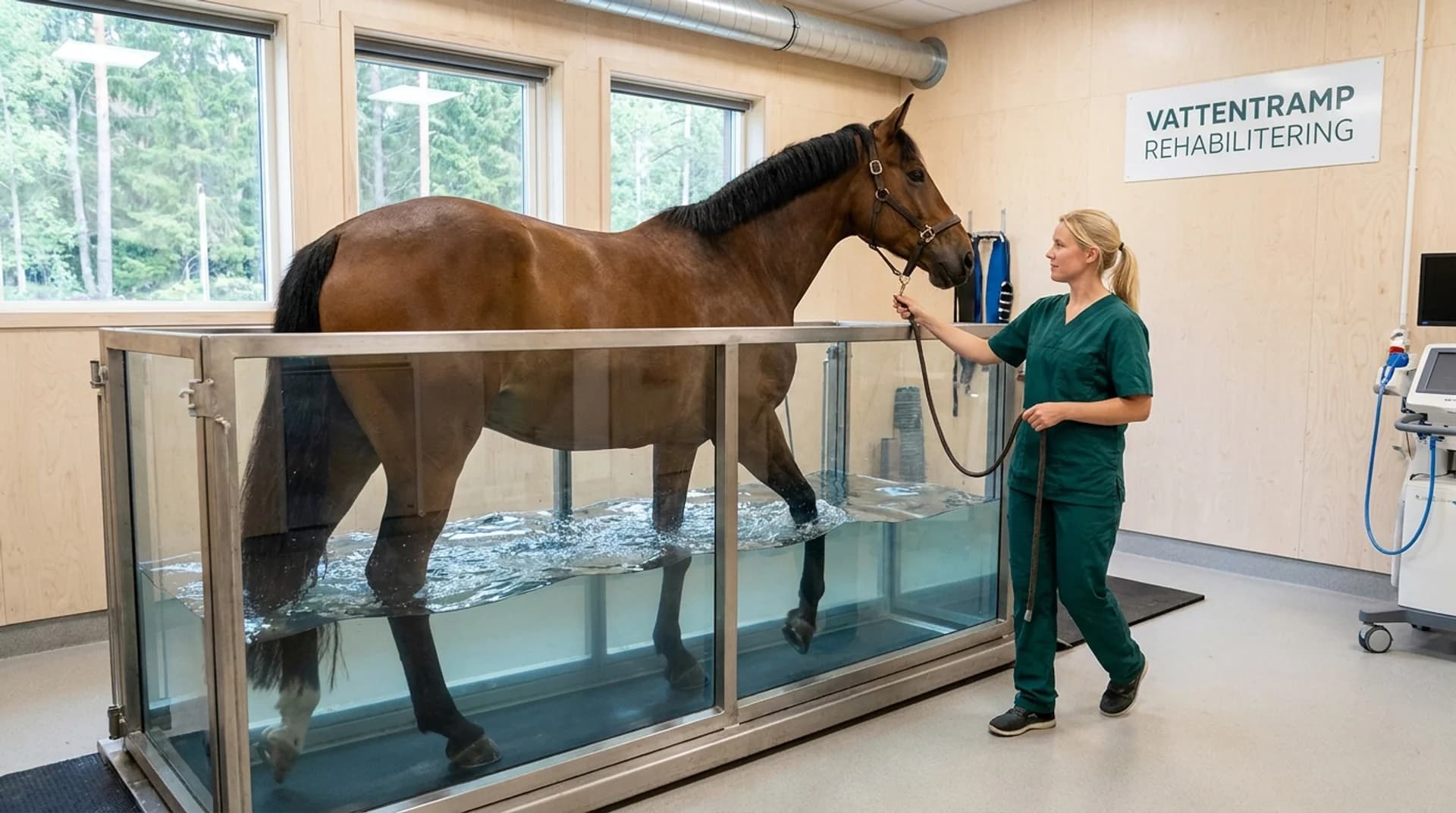 Brun häst går i vattentramp under rehabilitering hos veterinär