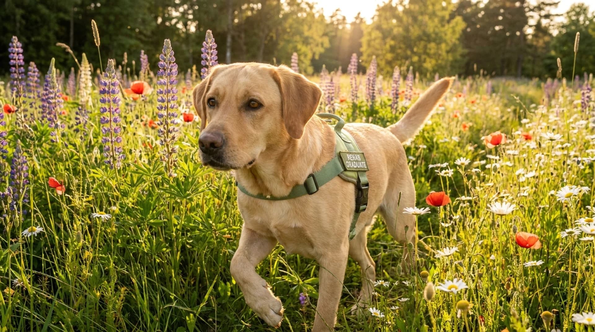 Frisk labrador springer i svensk sommaräng efter lyckad rehabilitering