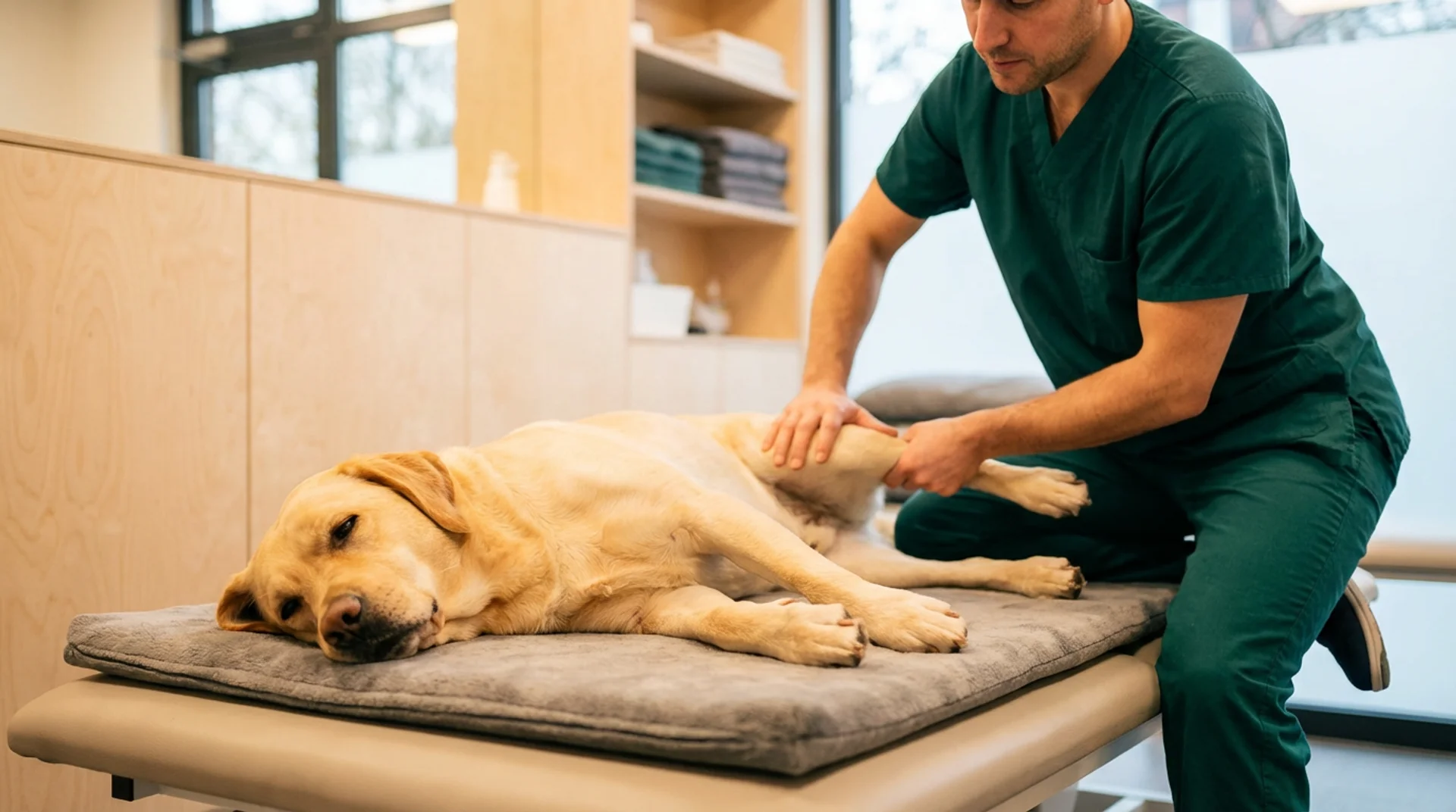 Veterinär gör passiv ledrörlighet på labradors bakben under rehabilitering