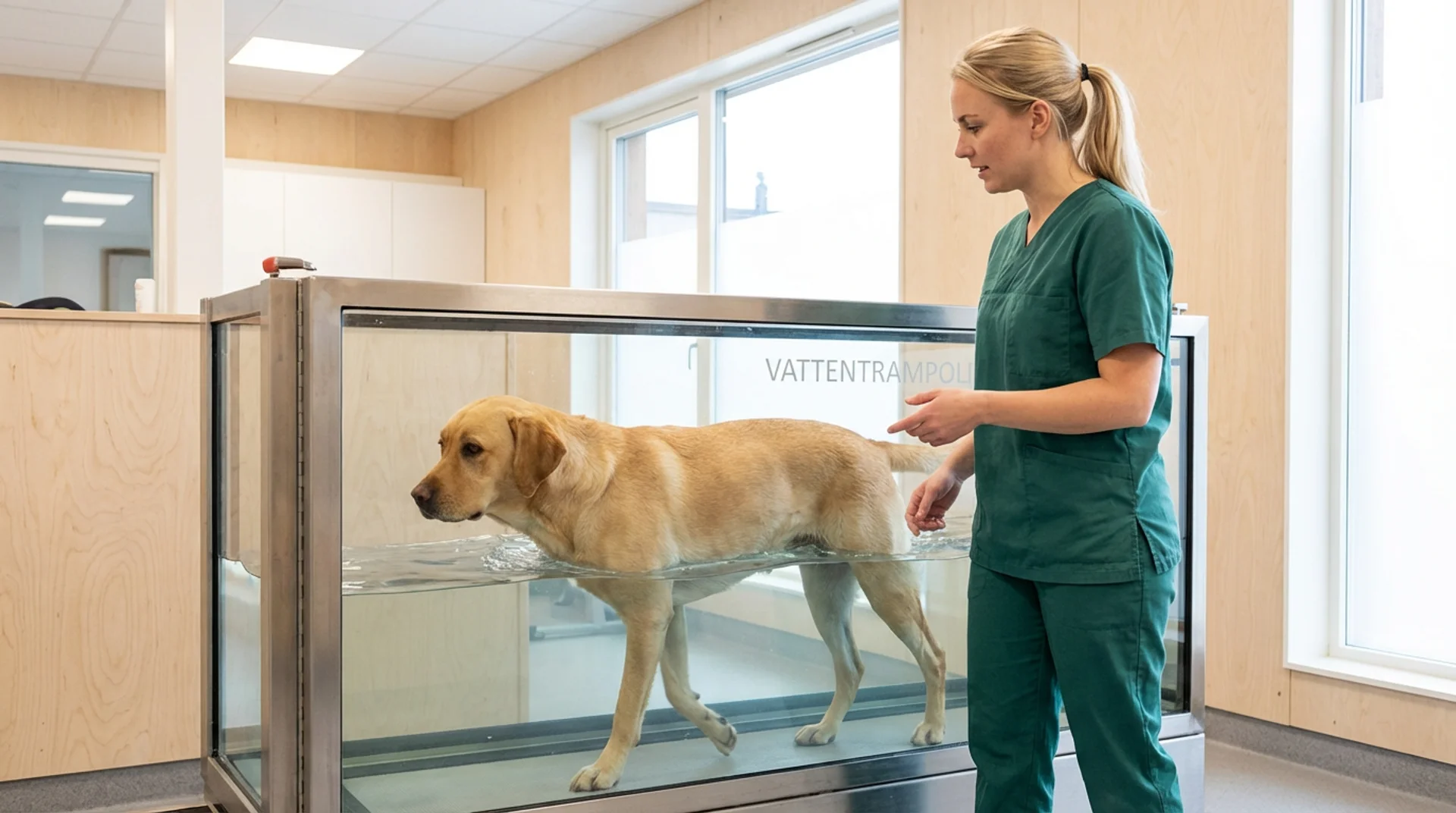 Gul labrador går i vattentrampol under rehabilitering med veterinär