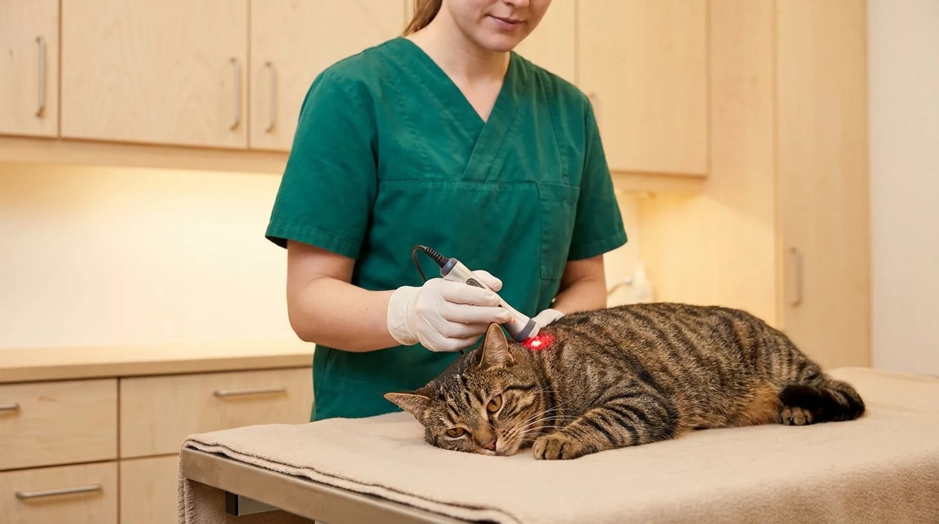 Tabbykat får laserterapi under rehabilitering av veterinär