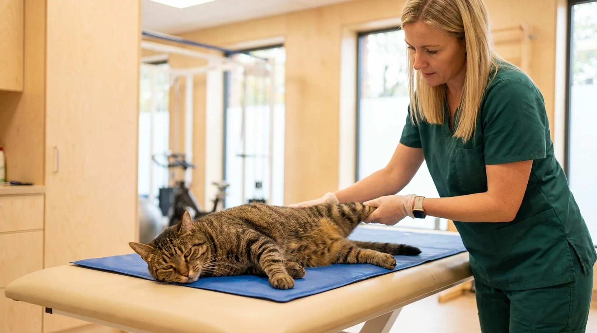 Tabbykat vilar på behandlingsbord medan veterinär utför passiv ledrörlighet