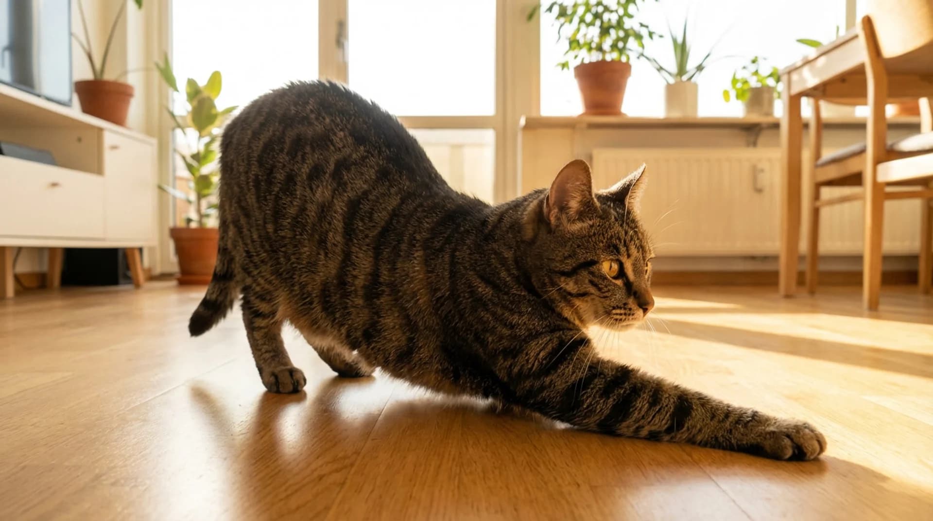 Frisk tabbykat sträcker sig på trägolv hemma efter rehabilitering