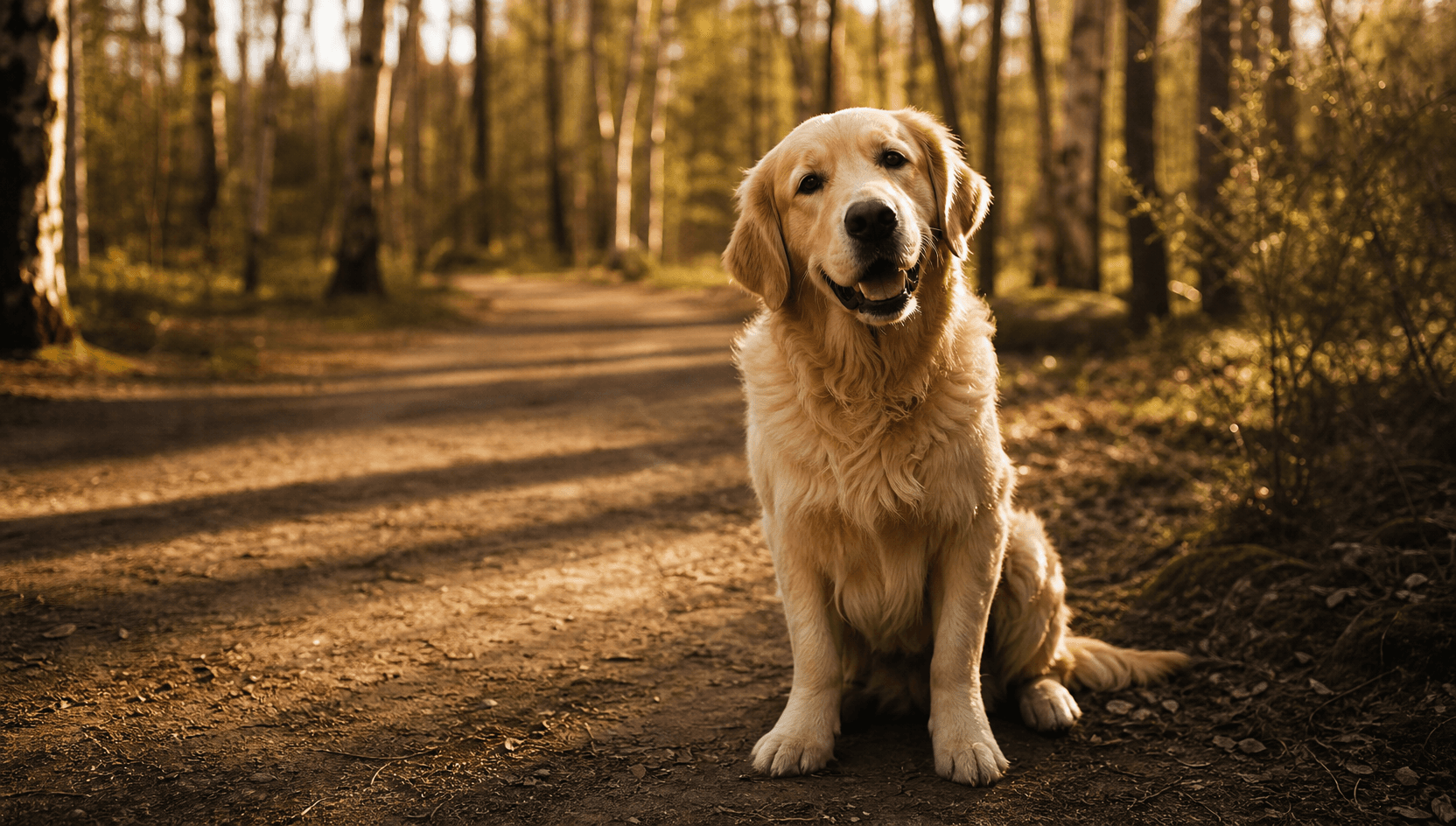 Hund promenerar lugnt efter röntgenundersökning hos veterinär.