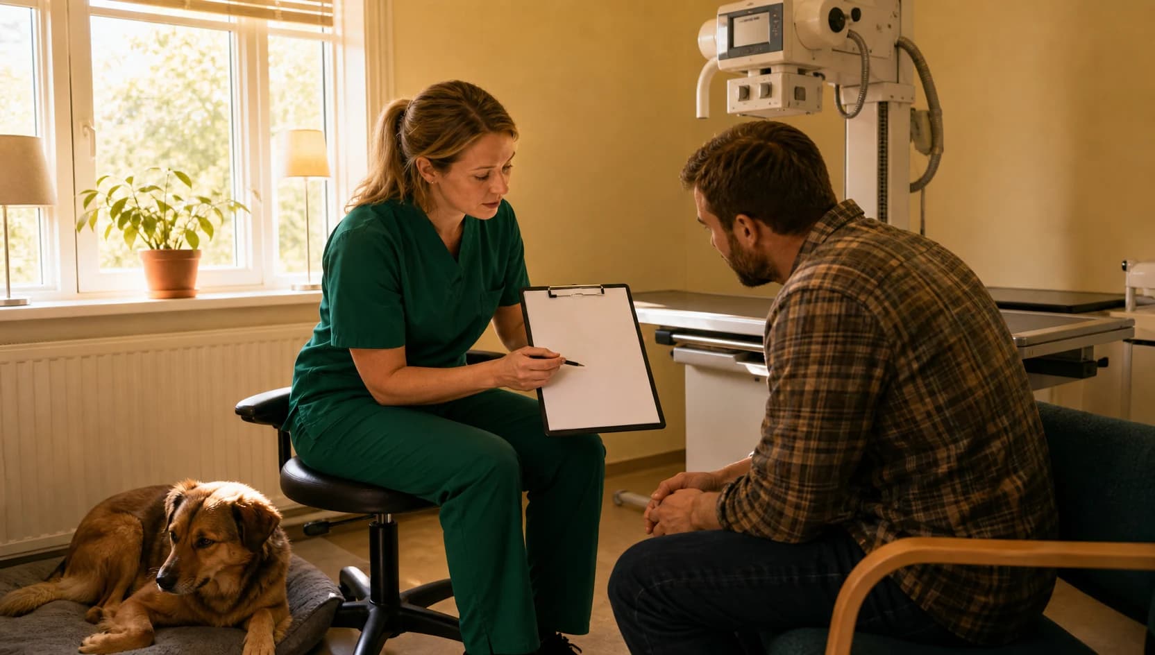 Veterinär i mörkgröna scrubs går igenom röntgenpris och bildval med djurägare.