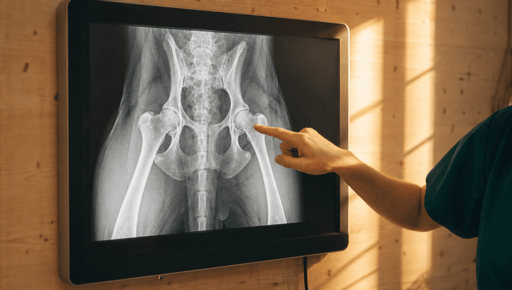 Veterinär granskar röntgenbild på klinikskärm.
