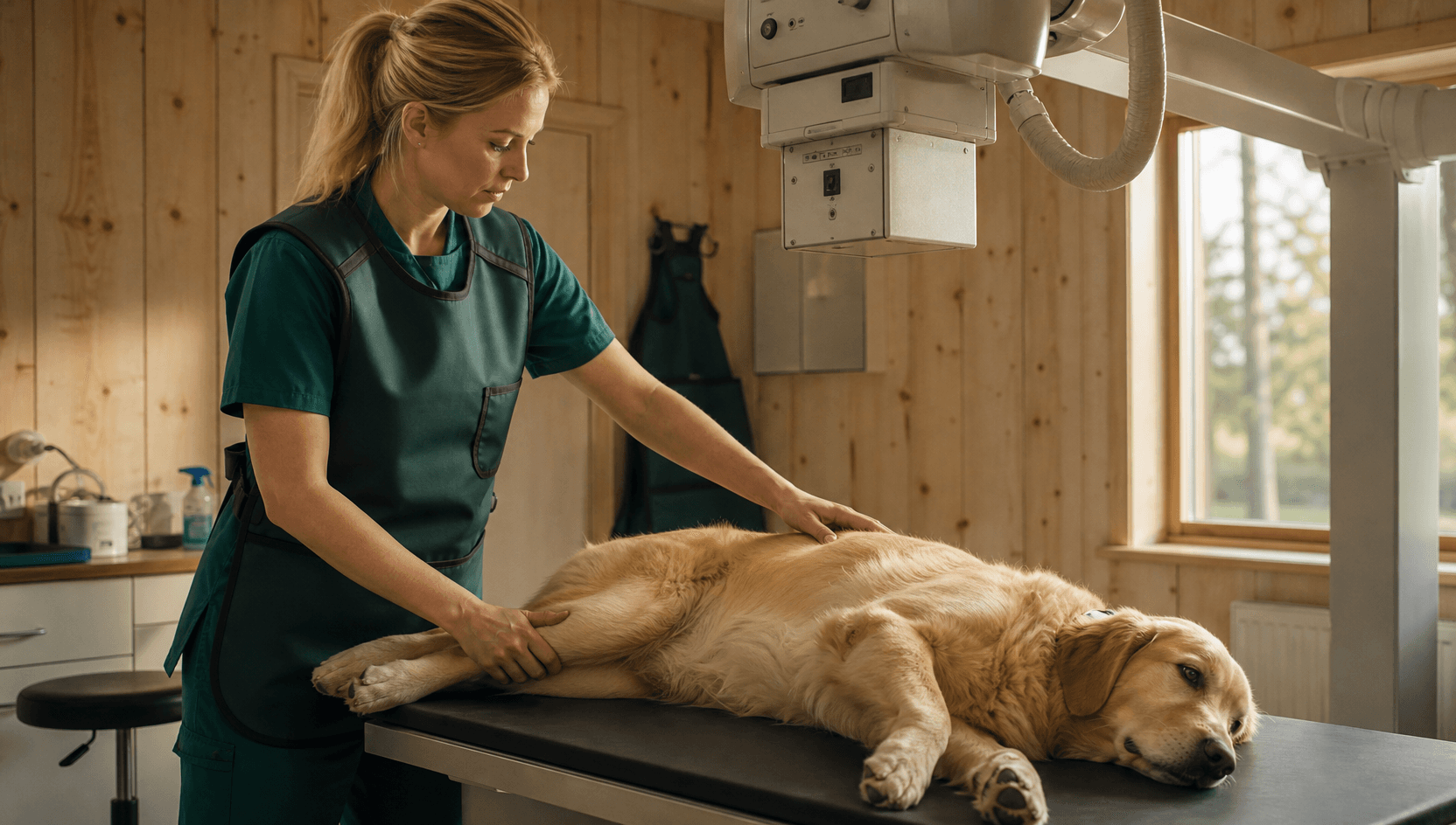 Veterinär positionerar hund tryggt inför röntgen på klinik.