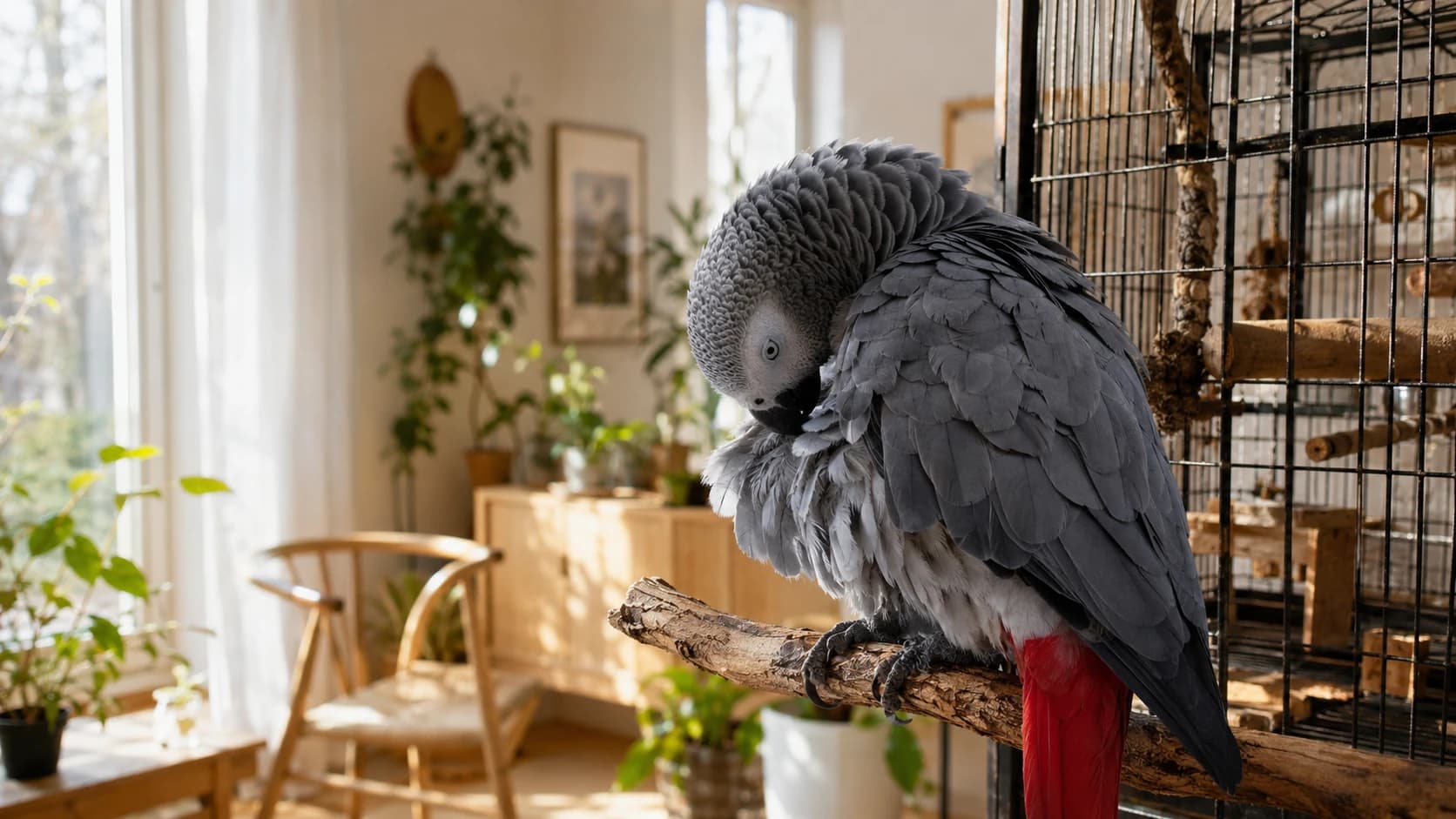 Papegoja sitter lugnt på pinne inför möjlig veterinärbedömning.