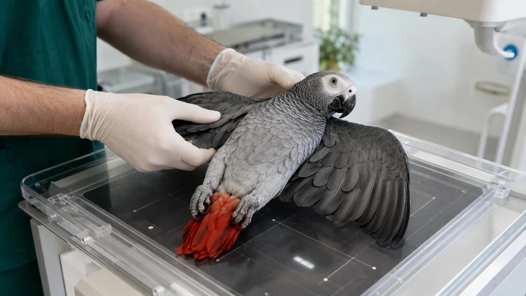 Veterinär positionerar fågel försiktigt inför röntgen.