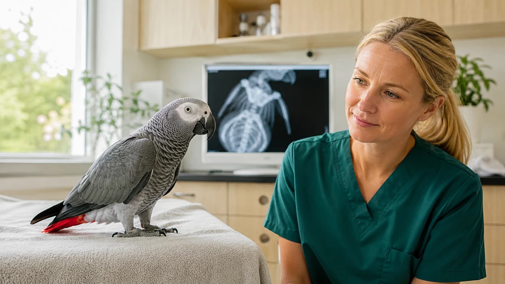 Veterinär samtalar med djurägare om fågelröntgen.