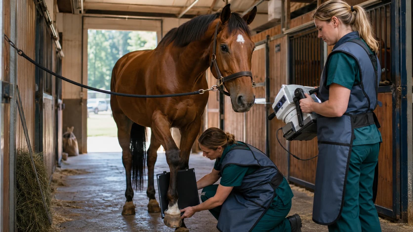 Veterinär tar portabel röntgenbild på hästben i stallgång.