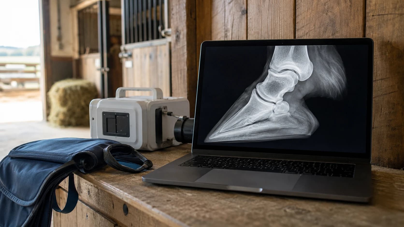 Veterinär granskar häströntgen på laptop vid stallgång.
