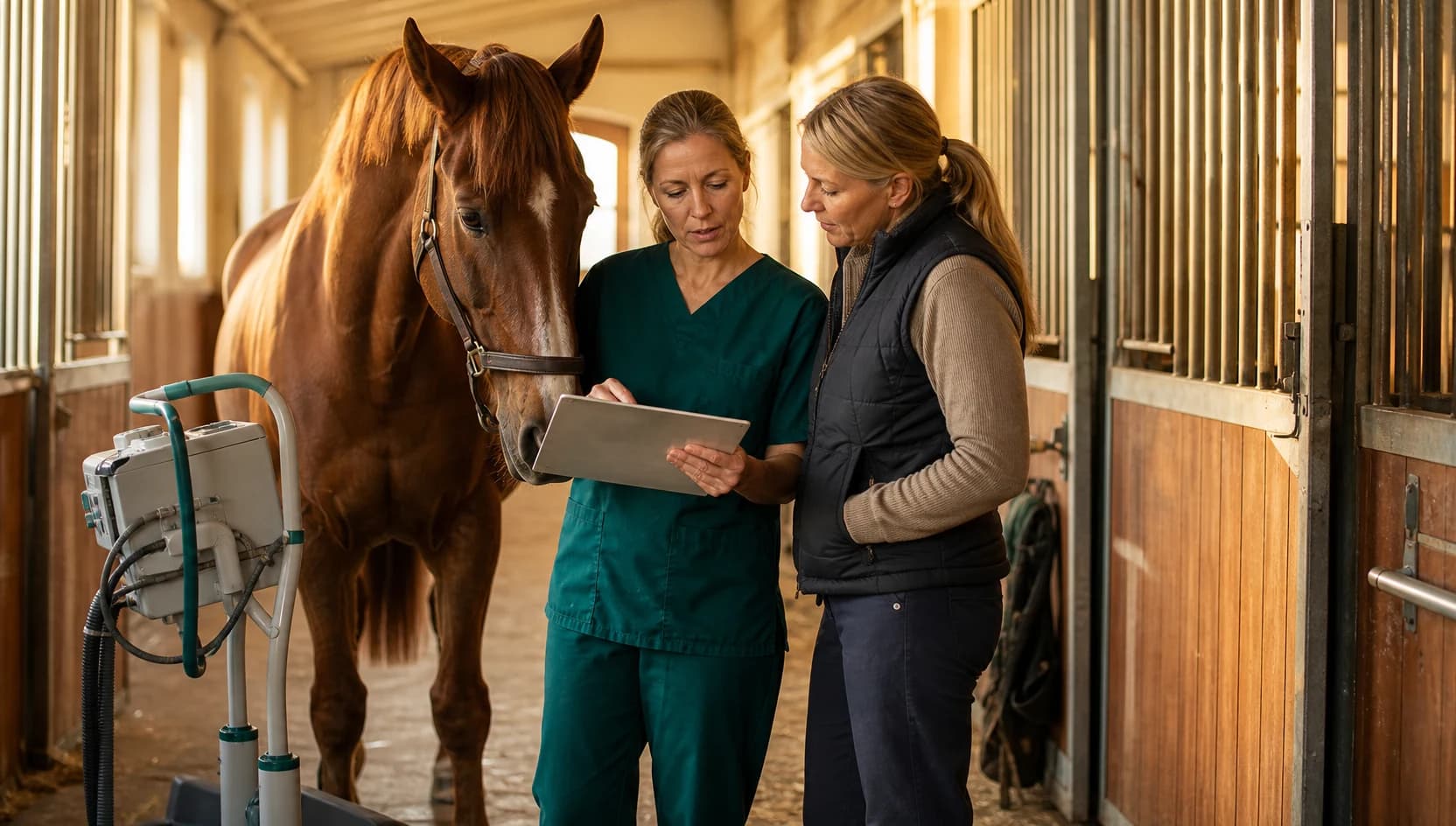 Hästveterinär i mörkgröna scrubs går igenom röntgenpaket i stallgång.