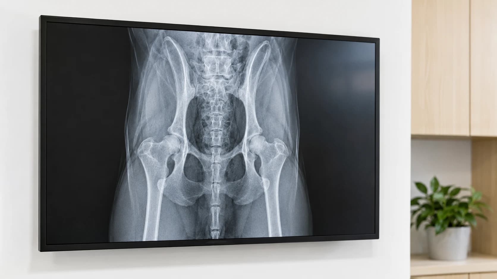 Veterinär granskar röntgenbild från hundundersökning.