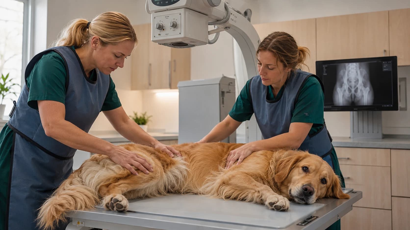 Veterinär positionerar hund lugnt inför ledavläsning.