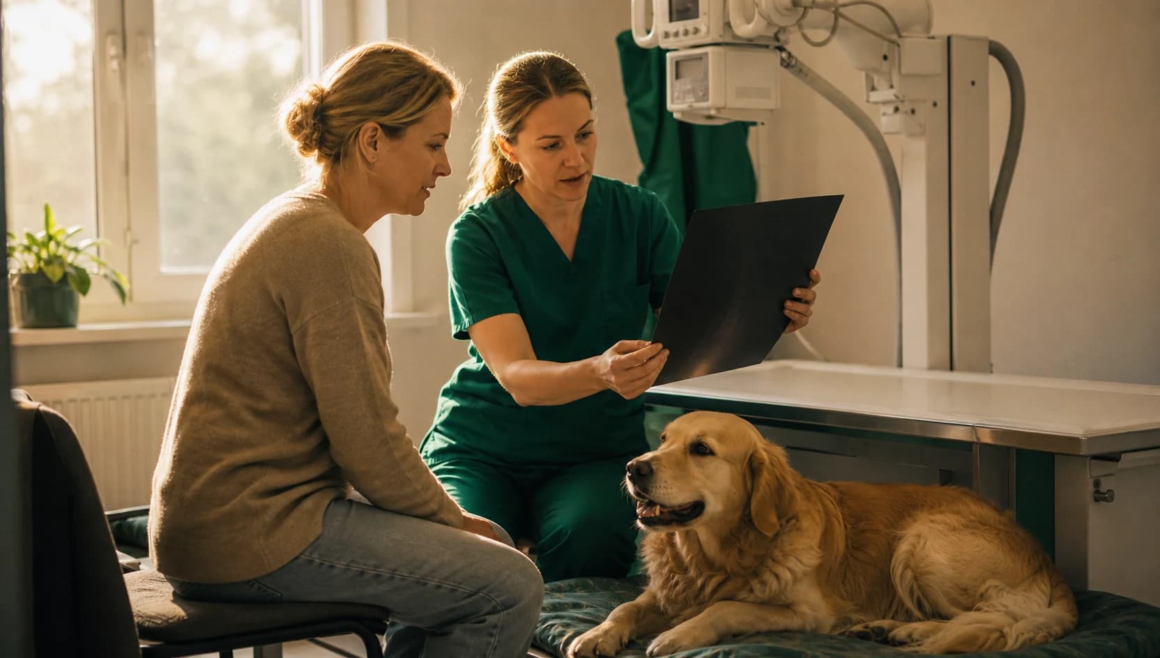 Veterinär i mörkgröna scrubs förklarar hundröntgenpris för djurägare.