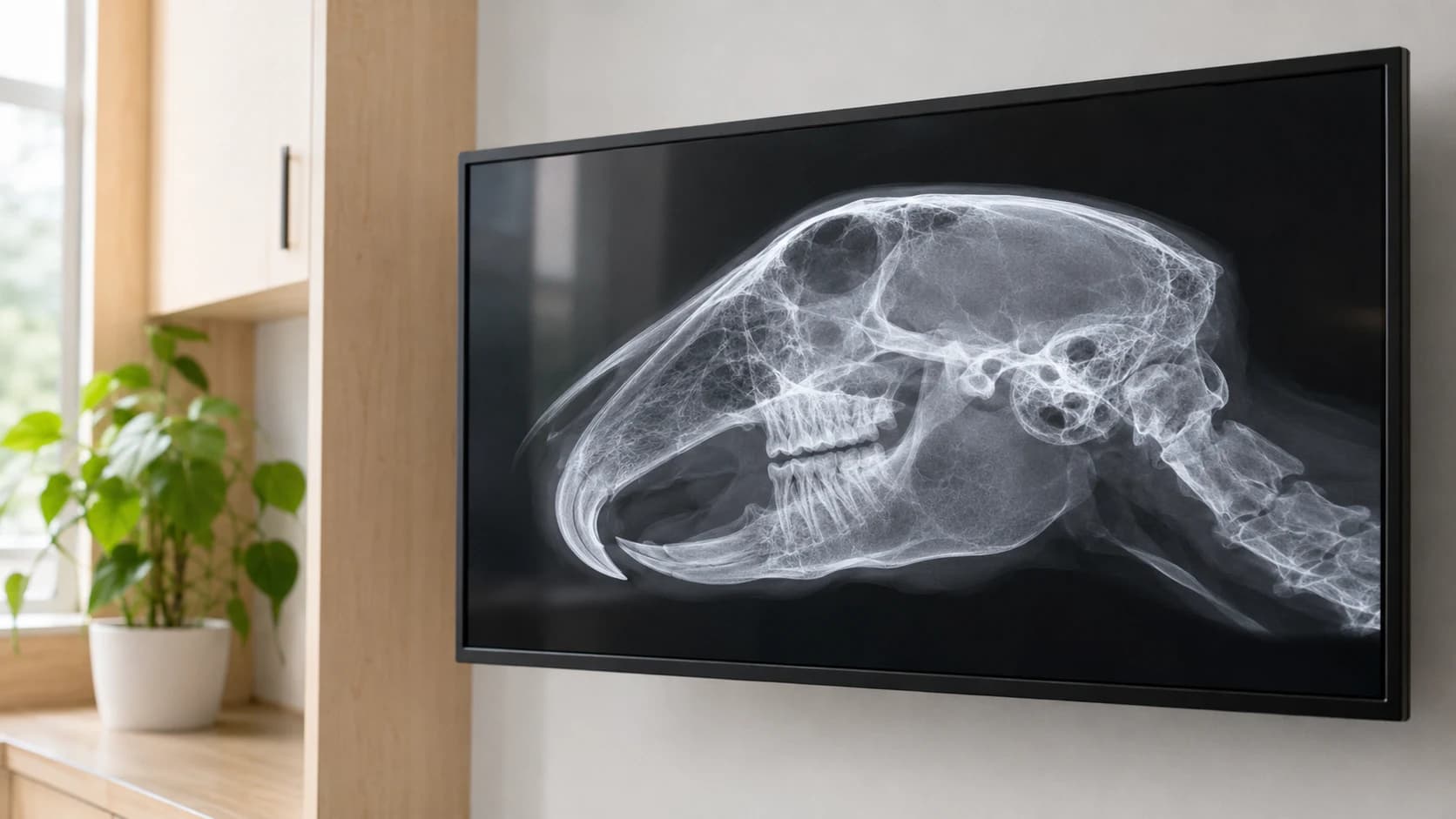 Röntgenbild på kaninskalle granskas på klinik.