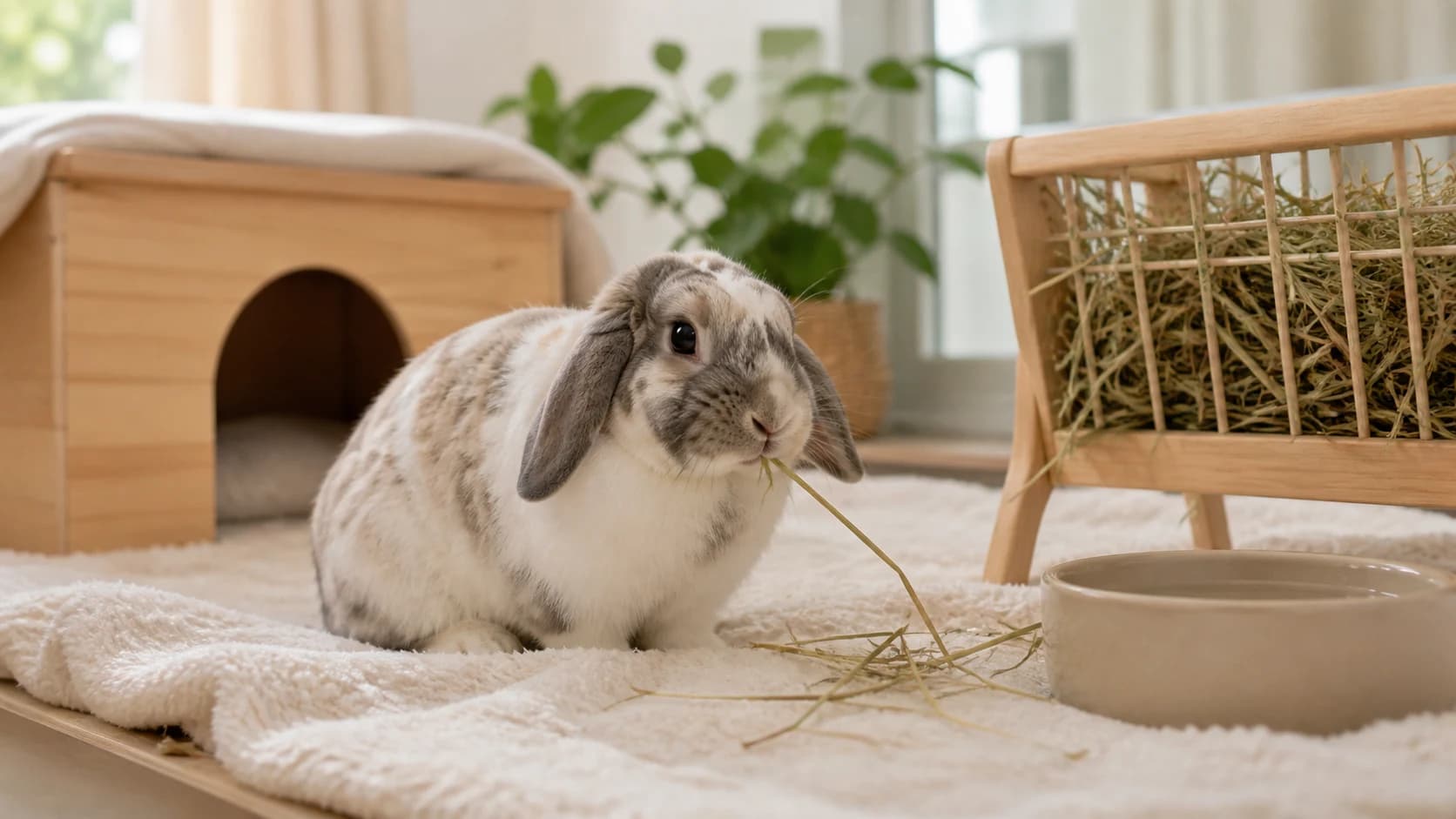 Kanin äter hö hemma innan veterinärbedömning.
