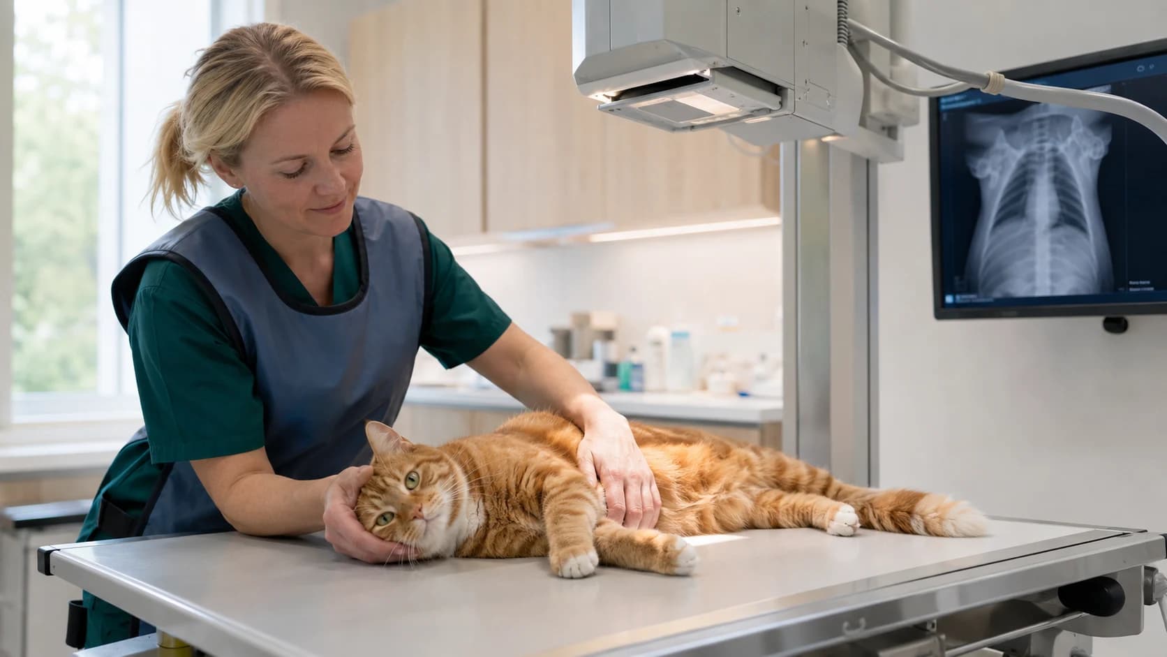 Veterinär positionerar katt lugnt inför bröstkorgsröntgen.
