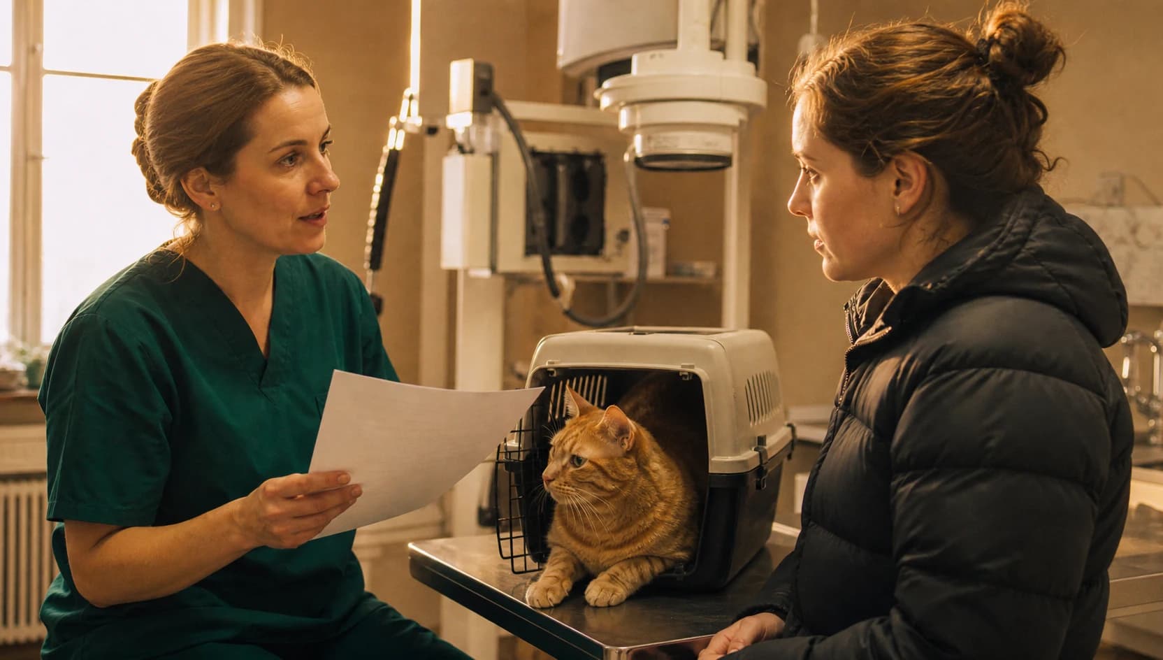 Kattveterinär i mörkgröna scrubs förklarar röntgenpris för kattägare.