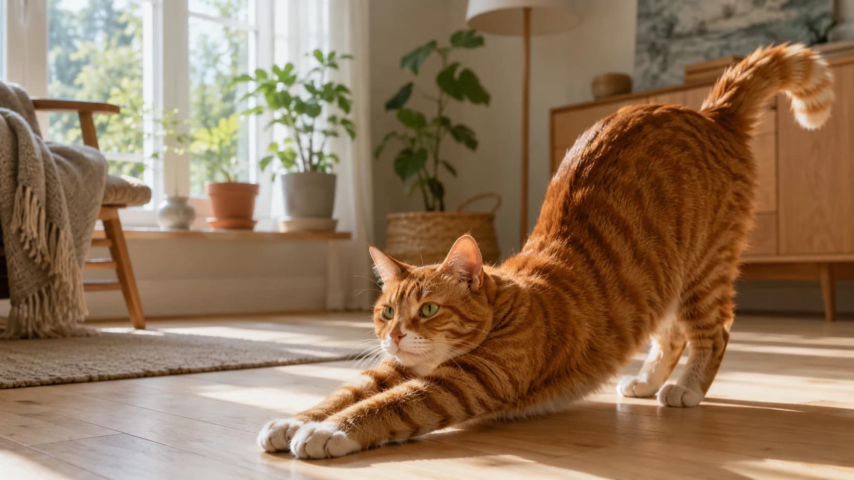 Katt sträcker sig hemma innan veterinärbesök.