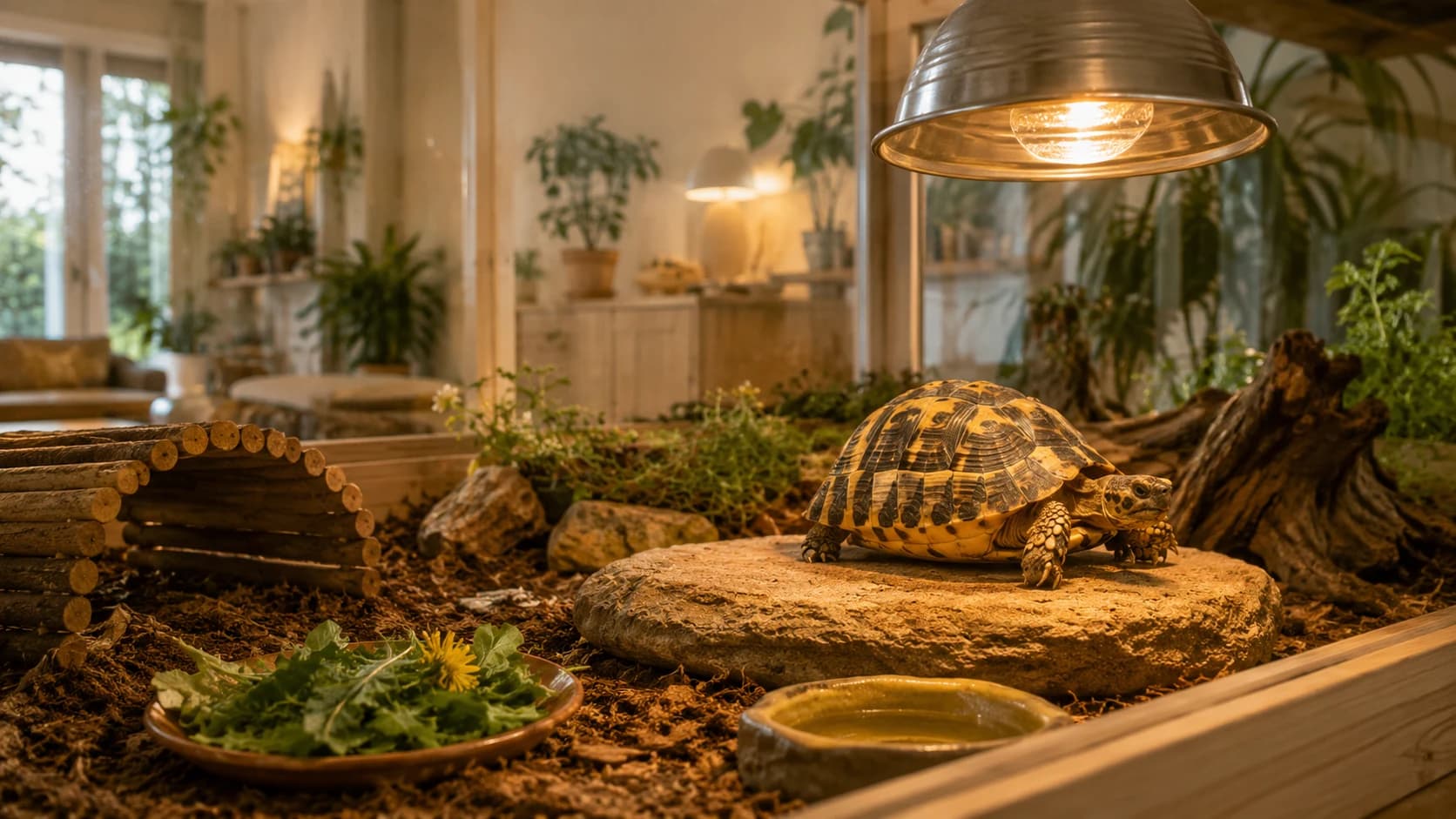 Sköldpadda värmer sig i terrarium inför möjlig veterinärbedömning.