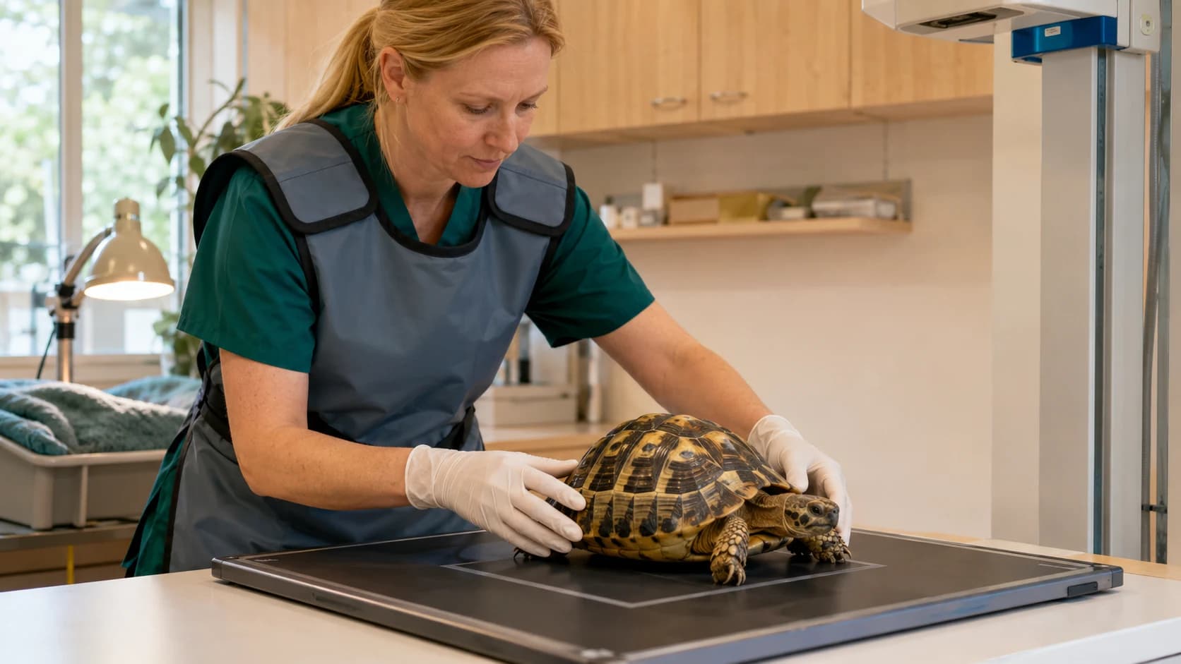 Veterinär positionerar sköldpadda varsamt inför röntgen.