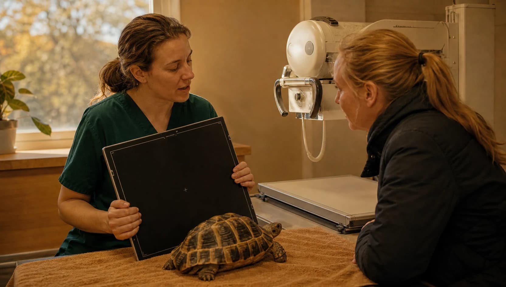 Reptilvan veterinär i mörkgröna scrubs förklarar röntgenpris för sköldpaddsägare.