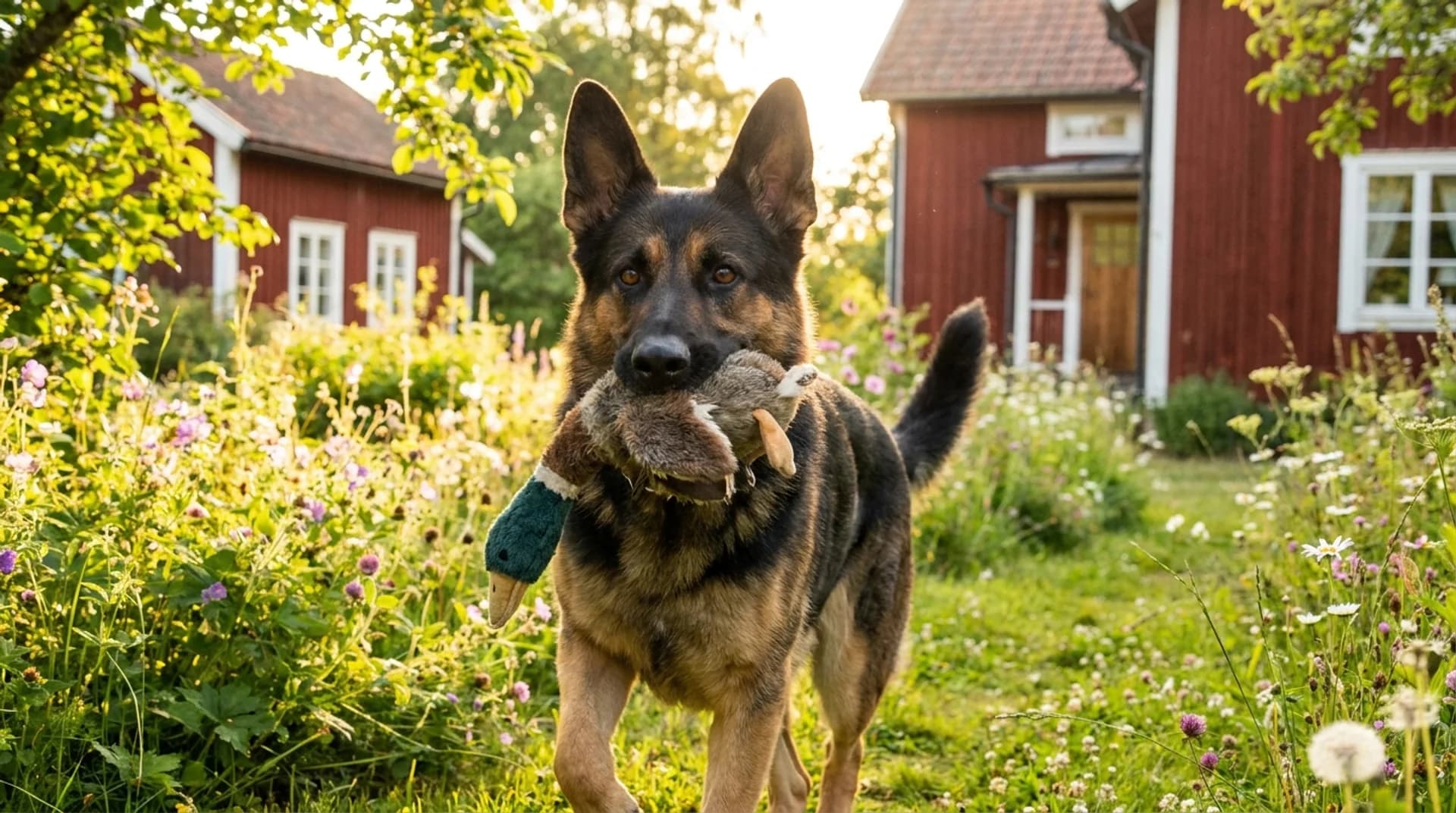 Frisk schäfer springer med leksak i munnen i svensk sommarträdgård