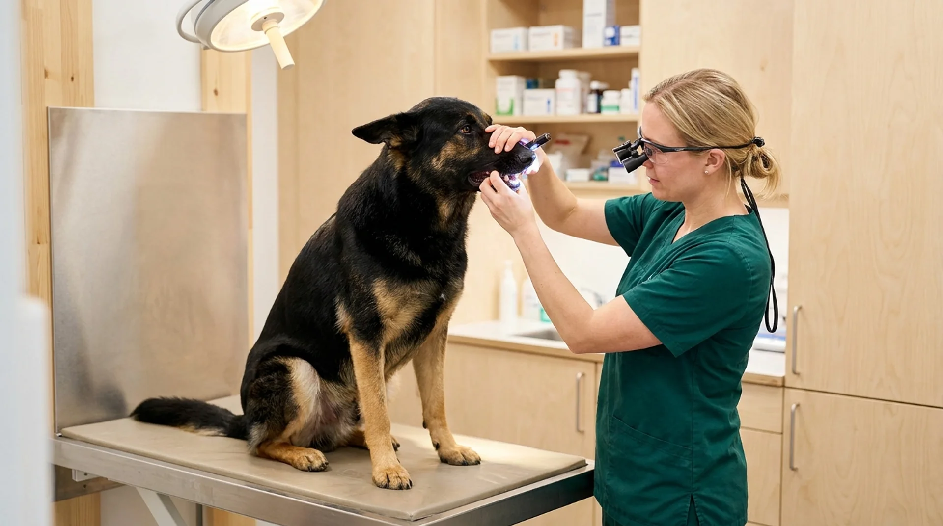 Schäfer undersöks i munnen av veterinär i tealfärgad skrubba inför rotfyllning