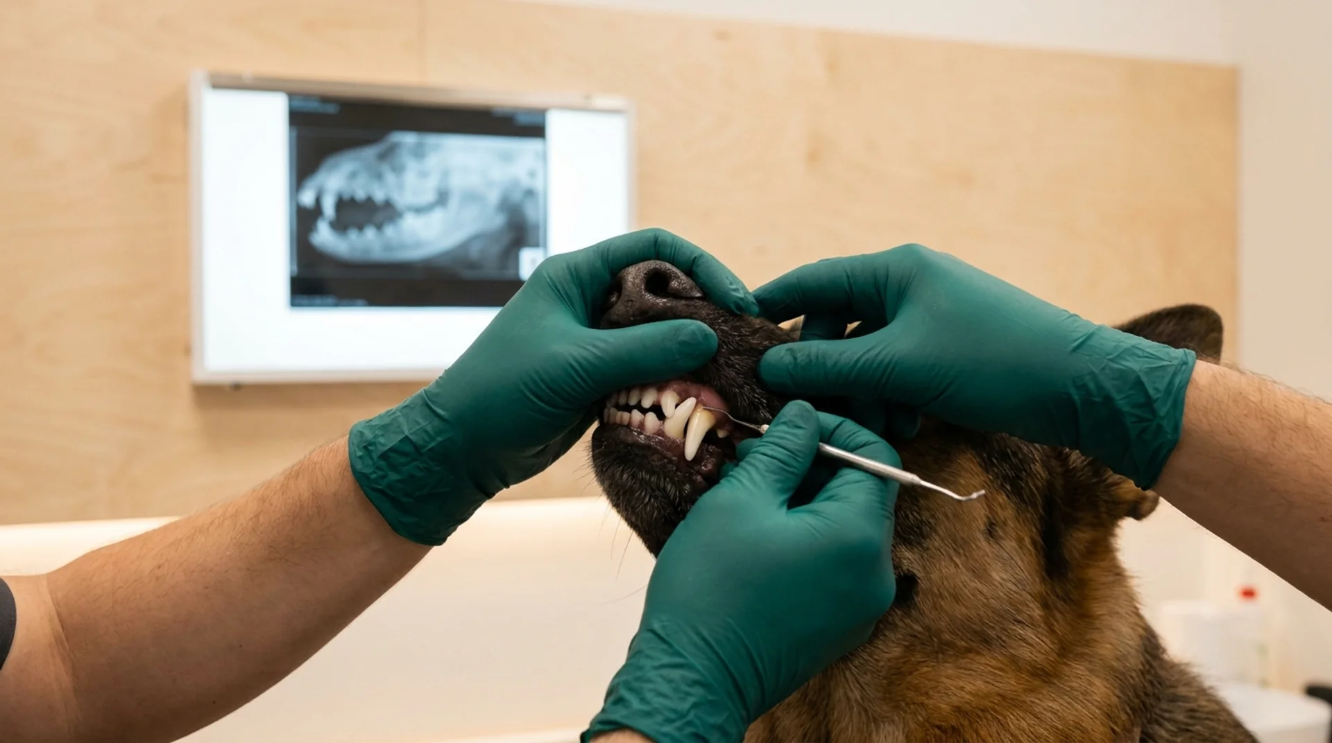 Veterinär undersöker hunds tänder med dental instrument och tandröntgen synlig på skärm