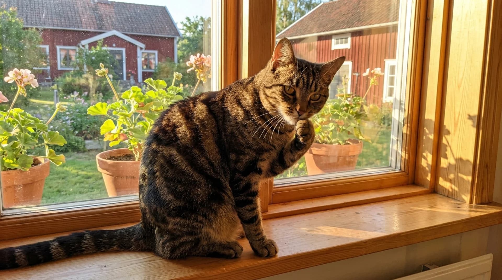 Frisk tabbykat putsar sig på fönsterbräda efter lyckad rotfyllning