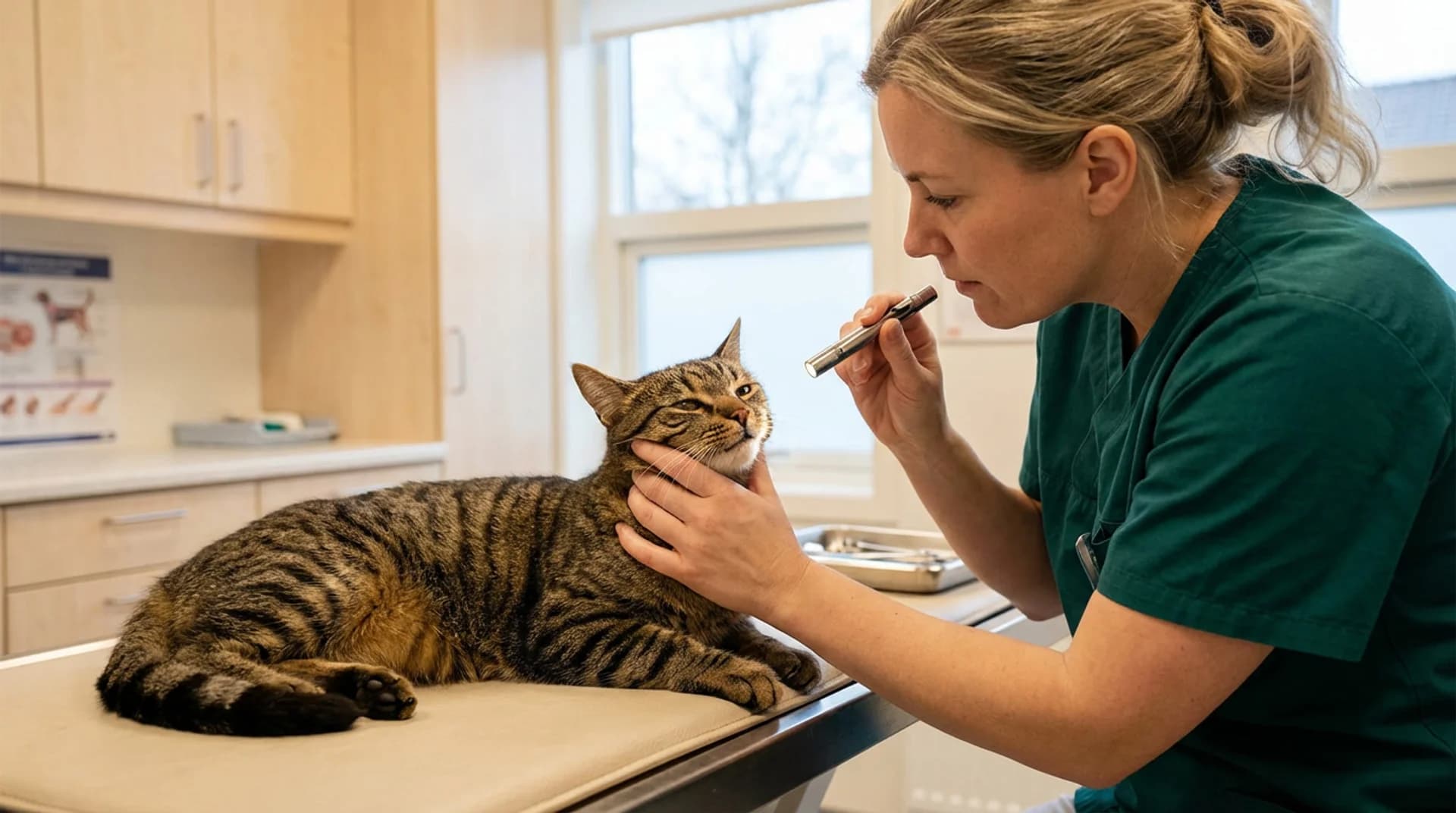 Tabbykat undersöks i munnen av veterinär på klinik inför rotfyllning