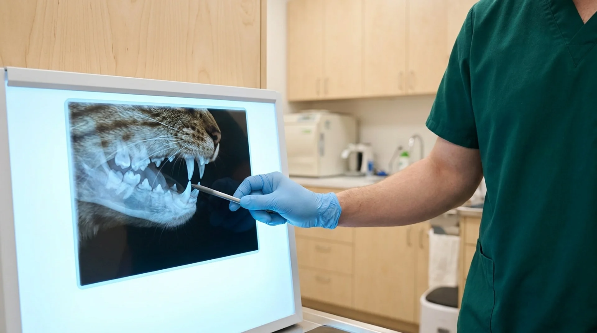 Tandröntgen av katt visar hörntänder på skärm hos veterinär