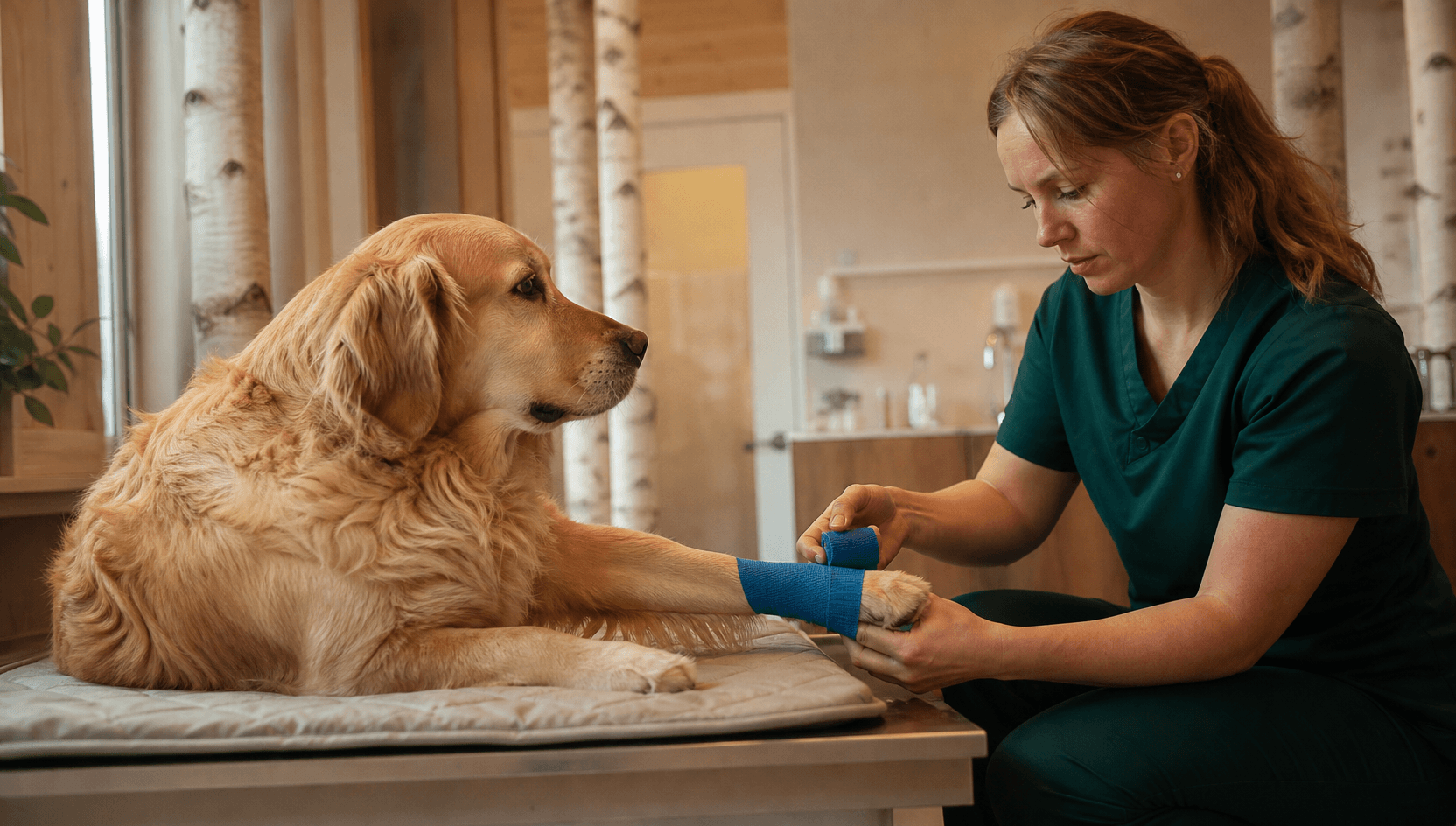 Sårvård - veterinär lägger självhäftande bandage runt hundens framben.